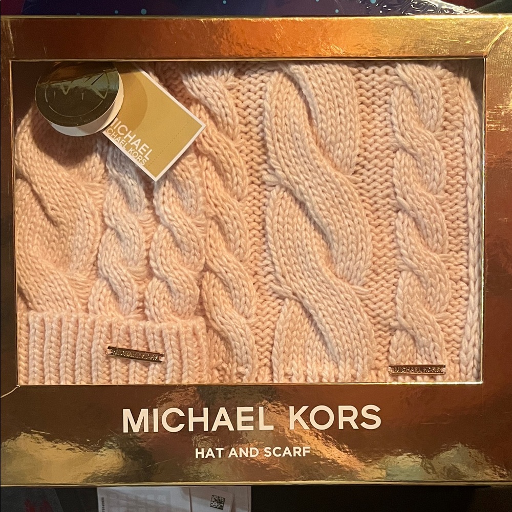Michael Kors Blush Cable Knit Hat and Scarf Set
